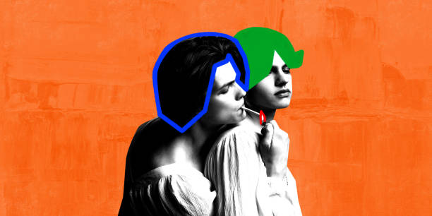 istock Contemporary art collage. Two men posing together and their hairs outlined, highlighted with blue and green against vibrant textured background. 2157947603