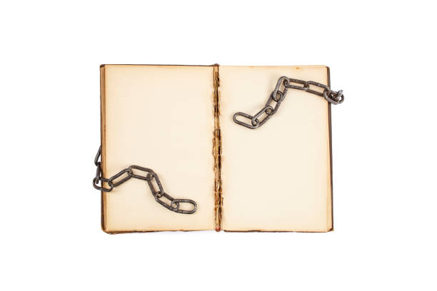 Open book with empty yellowed pages and broken chains isolated on white  background, freedom of speech in literature