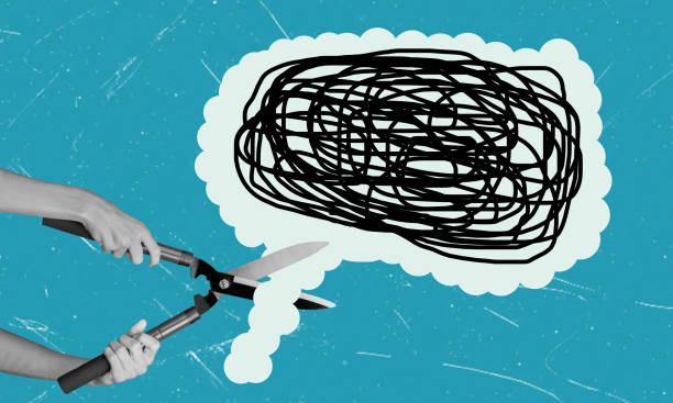 istock Art collage, modern art collage featuring a hand with scissors cutting off bad thoughts. 2157947906
