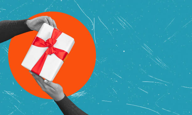 istock Art collage, contemporary art collage featuring hands with gift on blue background with copy space. 2157947909