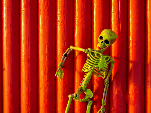 Smiling skeleton in black witch hat waving hand, isolated on dark background. Fun Halloween decoration concept
