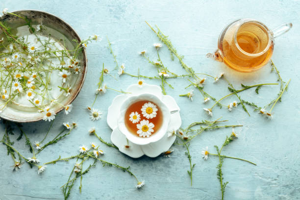 istock Chamomile flower tea. A tea cup and a tea pot with fresh medicinal flowers 2157952101