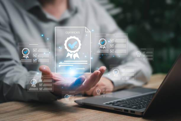 istock Assessment for certificate and document approved concept, Businessman show certificate document online evaluation survey exam and choose the right answer in exam international standard certification 2157959625
