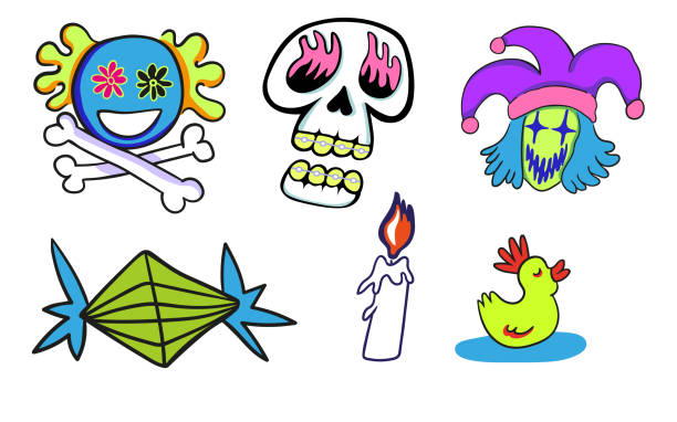 teens sets1 set of doodle elements in vector.teenage subcultural objects.image for stickers, print, app, design, web site, label, poster, postcard . Series of teenage icons crazy clown tattoos drawings stock illustrations