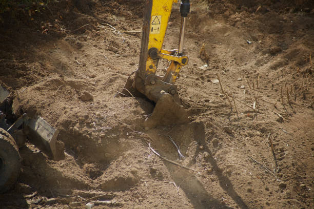 Heavy machinery at work in a construction area surrounded by autumn trees, showcasing progress amidst nature. Excavators are actively digging the soil during the fall season.