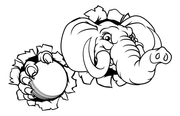 Elephant Cricket Ball Sports Animal Mascot An elephant Cricket sports animal mascot holding a ball and breaking through the background republican elephant logo stock illustrations