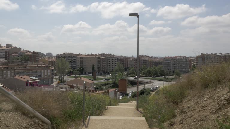 European town suburbs stairs stairway traveling with gimbal Terrassa, Spain