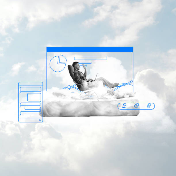 Contemporary art collage. Man works on laptop while floating on bed above clouds, with digital interfaces surrounding him. Abstract artwork.