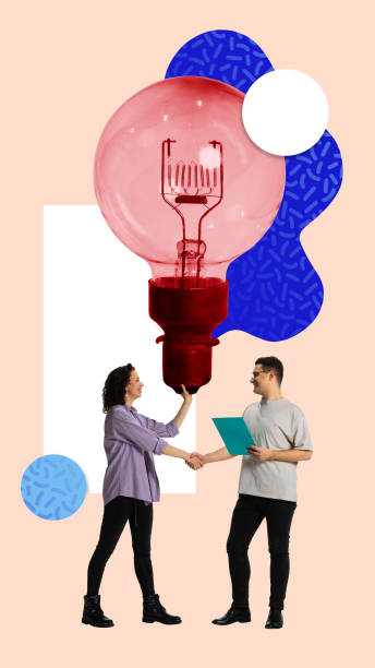 Contemporary art collage. Two colleagues shake hands beneath giant red light bulb, symbolizing spark of innovative ideas and successful collaboration
