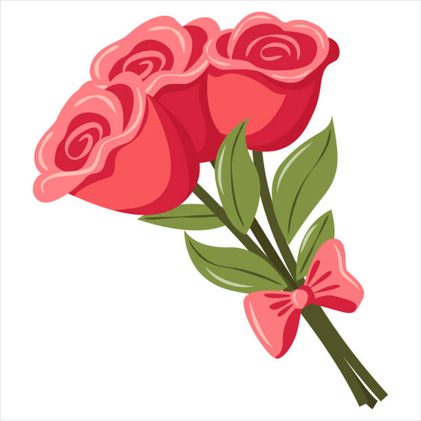 Three Pink Roses With Green Leaves and a Bow A cartoon illustration of three pink roses with green leaves and a bow tied around their stems. The roses are drawn in a simple, stylized manner, and the image is set against a white background. valentine symbols cartoon stock illustrations