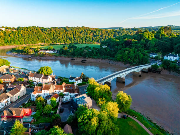 istock Old Wye Bridge over river Wye in Chepstow, UK 2157976102