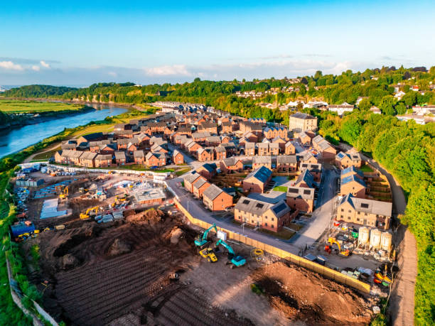 Drone view of new housing development being built in the UK