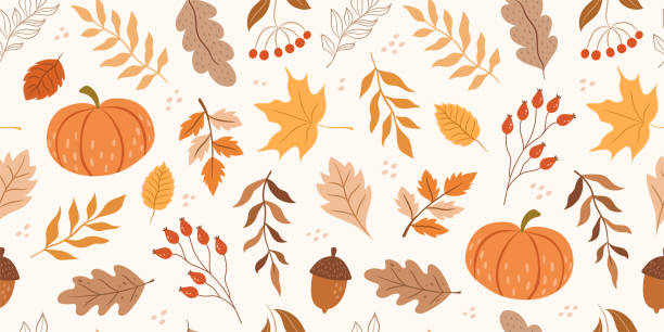 kuvapankkikuvitukset aiheesta saumaton syksykuvio kurpitsoilla, lehdillä, tammenterhoilla, kasveilla - syksy
