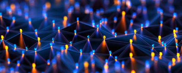 istock Futuristic digital nodes background with money signs. Blockchain connections technology and digital network. Bitcoin, dollar, euro, pound and yen signs glowing on the connection dots background. Security money concept. 2157977888