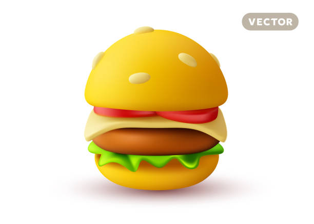 istock Vector illustration of realistic burger with cheese and salad on white color background. 3d style cartoon design of big hamburger with shadow. Fast food 2157980094
