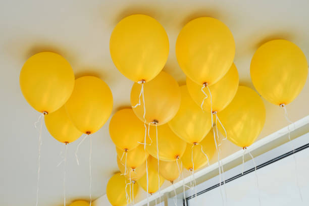 Gas-filled yellow balloons rose to the ceiling.