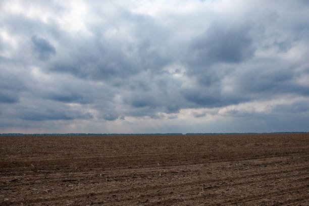 A vast field with ploughed soil under a cloudy sky.