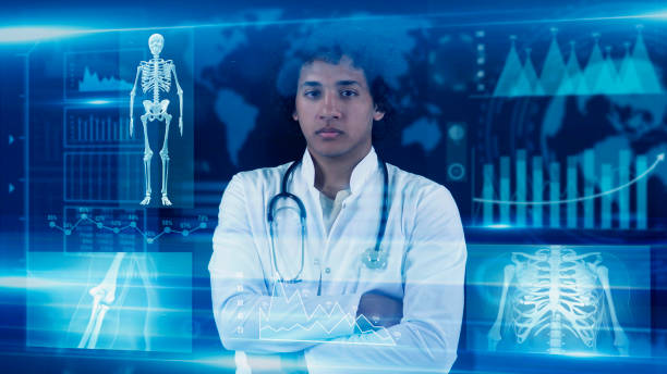 The Doctor is looking at the digital interface, giving attention to specific data on the HUD. This is futuristic, virtual reality, hologram, and technology concept. Photo of confident male doctor, looking at camera with smile, Doctor looking at digital display hologram in virtual interface.