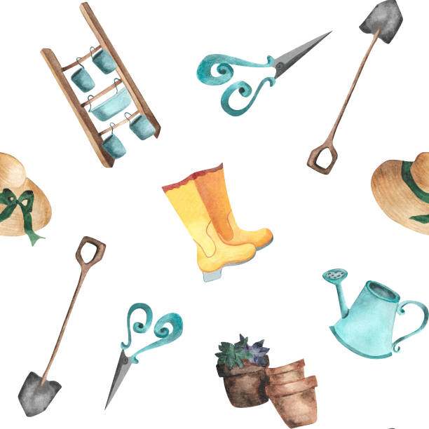 istock Watercolor gardening items seamless pattern Rubber boots straw hat spade watering can scissors flower pot stepladder Cartoon print for wallpaper fabric textile wrapping paper childish clothes décor 2157993105