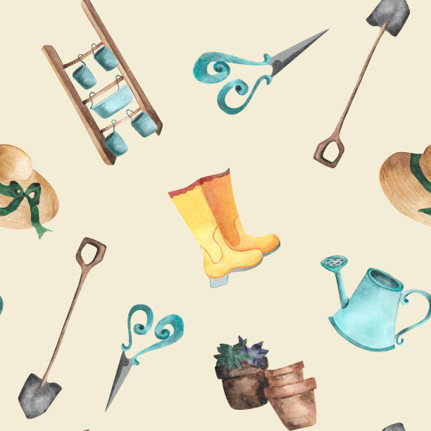 istock Watercolor gardening items seamless pattern Rubber boots straw hat spade watering can scissors flower pot stepladder Cartoon print for textile wallpaper wrapping paper fabric childish clothes décor 2157993110