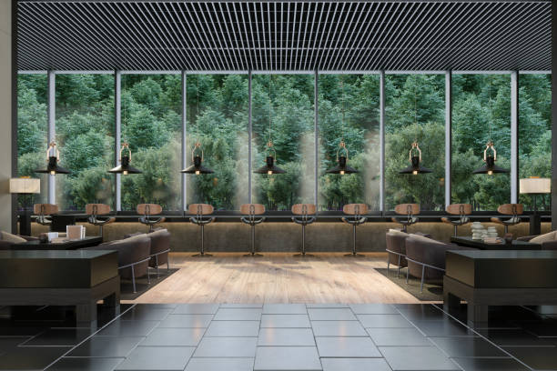 istock Modern Waiting Lounge With Armchairs, Chairs And Garden View Through The Window 2157998270