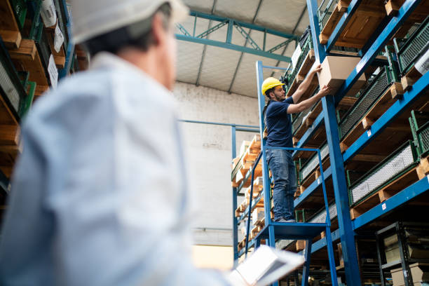 Warehouse worker on ladder searching for box with foreman assisting