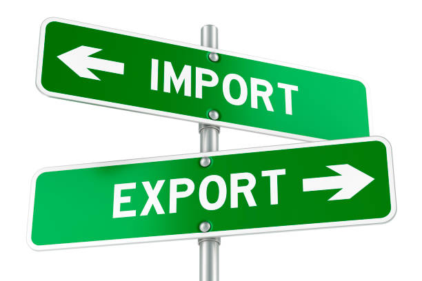 istock Import or Export directions. Opposite traffic sign, 3D rendering 2158000074