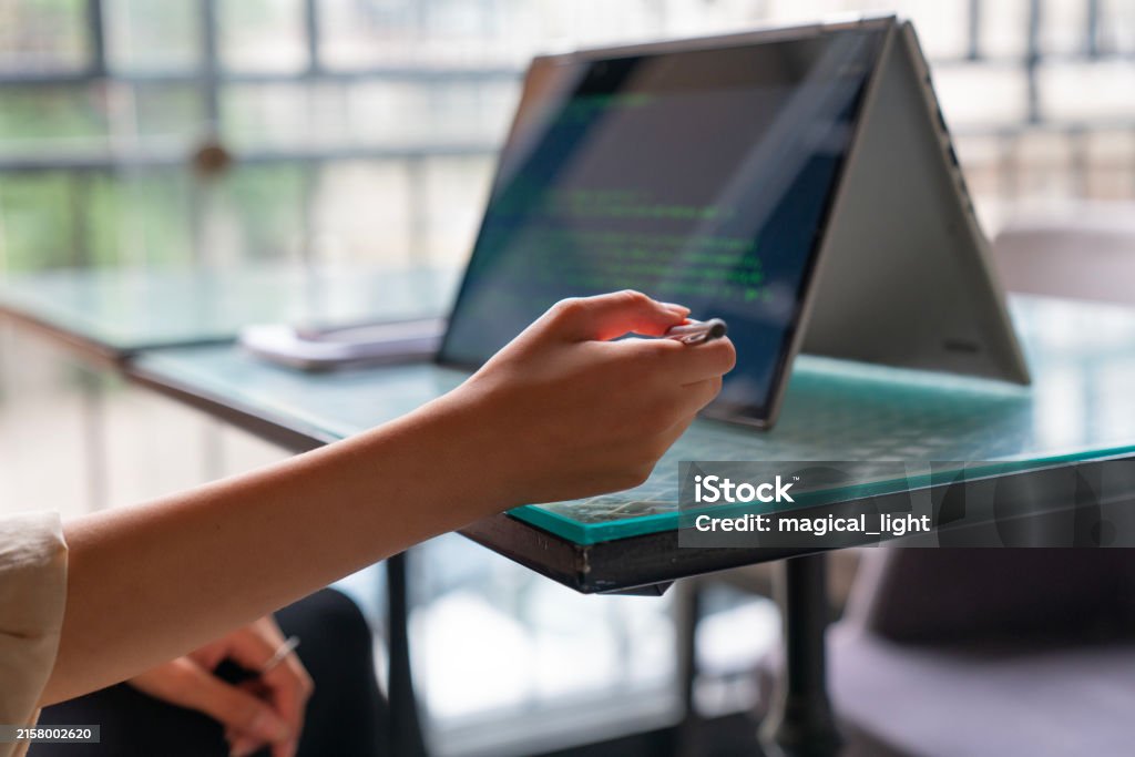 Female Freelance Developer Coding And Programming Coding On Two With ...