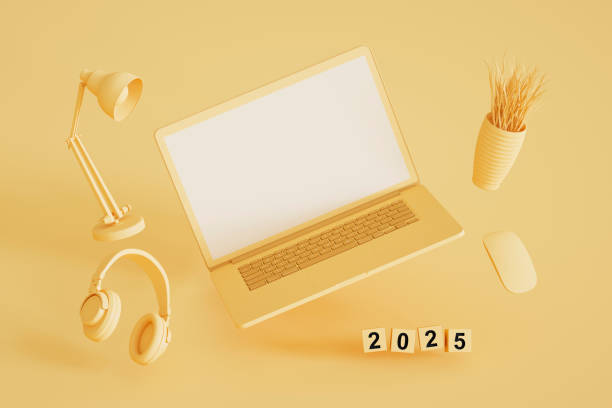 istock 2025 New Year, Flying Blank Screen Laptop and Smart Phone on Yellow Background 2158004120