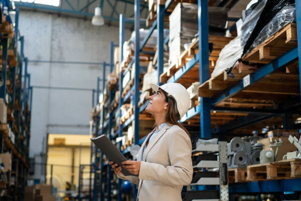 istock Warehouse manager reviewing stock with file in warehouse 2158009590