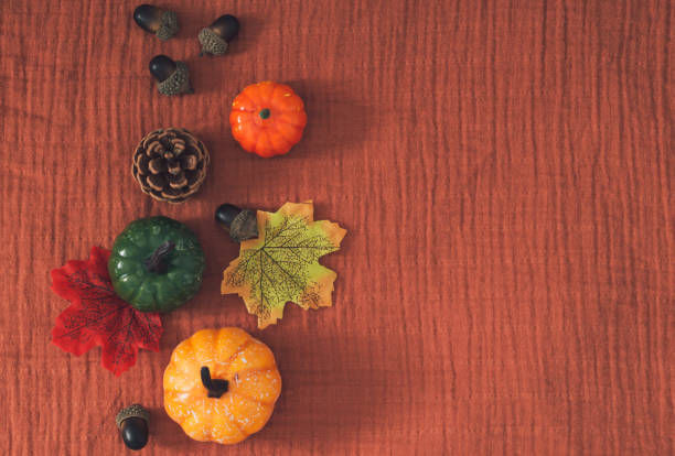 Creative trendy autumn or fall layout made with colorful fallen leaves, pumpkins, pinecone and nuts with copy space on brown muslin background. Minimal retro vintage autumn concept. Nature flat lay.