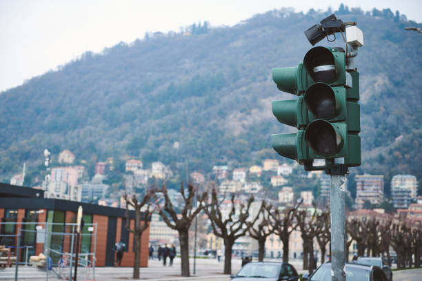A traffic light in the city center.