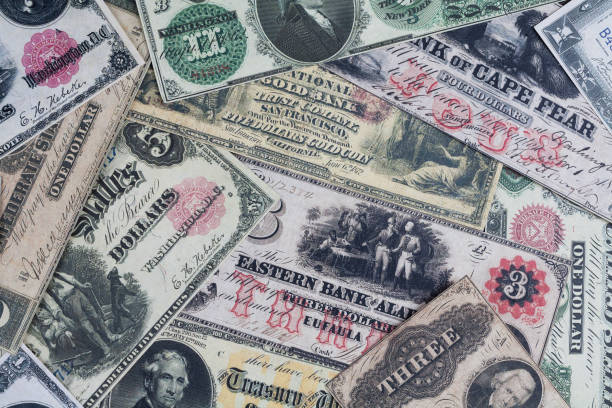 istock Old US dollar banknotes and silver certificates banknotes 2158022439