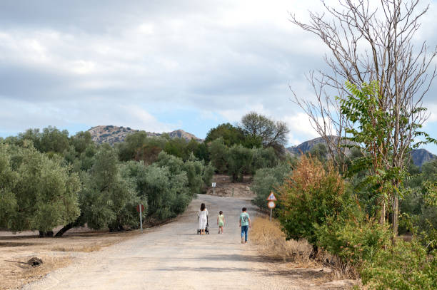 Two people walking on a rural road surrounded by lush trees and mountains under a cloudy sky, showcasing tranquility and connection with nature.