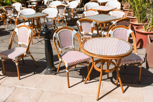 istock Outdoor cafe terrace with table and chairs 2158029003