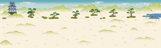 An illustration of the background of a battle scene scroll from Japan's Sengoku period. A battlefield landscape with a grand plain in the foreground and a Japanese castle visible in the background. war zone background stock illustrations