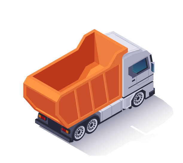 istock Isometric truck icon. Rear view of dump truck with empty container or semi trailer. Vehicle for delivering goods in construction industry. Cartoon 3D vector illustration 2158033768
