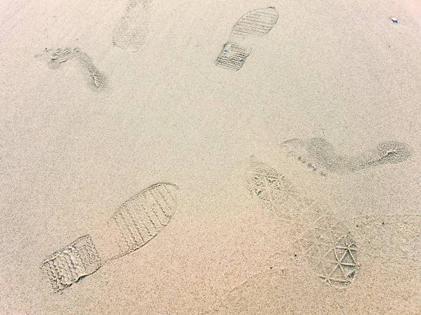 istock Footprints in the sand of beach 2158034835