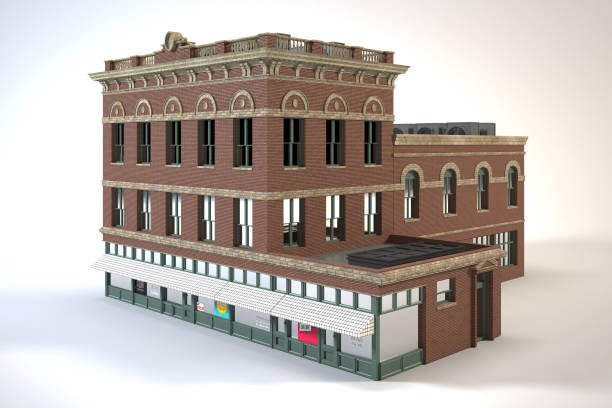 A large building with a corner that is cut off. The building is made of brick and has a lot of windows