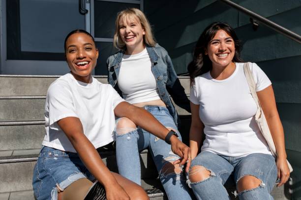 Beautiful diverse women in campus, plain white clothes