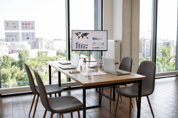 istock Modern office conference room with charts and graphs displayed 2158049645