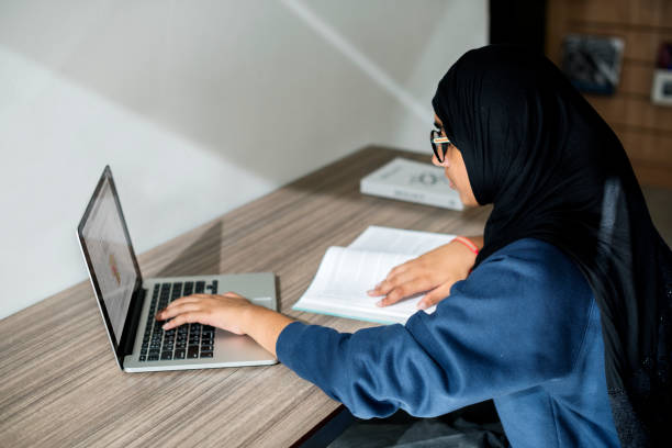 istock Islamic girl student l studying with her laptop 2158051142