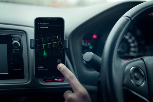 istock Gps navigation system on a phone in a self-driving car 2158051329