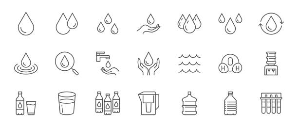 Water line icon set. Rain drops, glass, H2O molecule, purification filter, pure aqua outline vector illustration. Linear pictogram for drink. Editable Stroke Water line icon set. Rain drops, glass, H2O molecule, purification filter, pure aqua outline vector illustration. Linear pictogram for drink. Editable Stroke. wet bottle stock illustrations