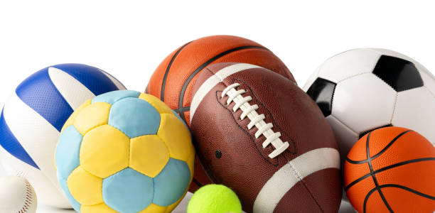 Assorted sports equipment isolated on white background