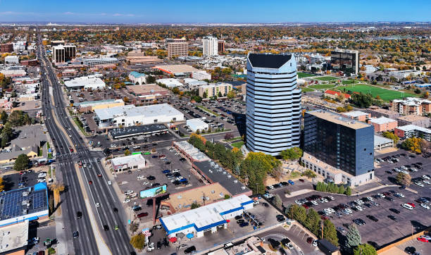Aerial of Glendale, Colorado, located right next to the city of Denver (on the far left across the boulevard.)