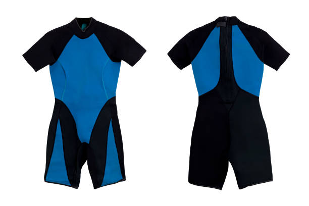 istock Black and blue short diving plastic wet suit for underwater swimming isolated on white background 2158055667