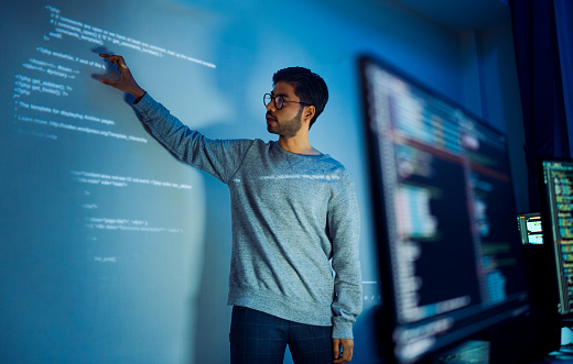 Programer Pulpit Screen Indian Man Programmer Standing In Front Of A Screen With Code Projected ...