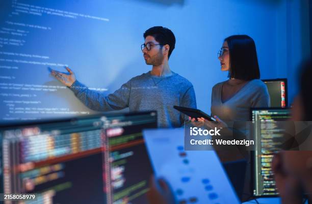 Asian Developer Leads Present Code Review Session Pointing At Code ...