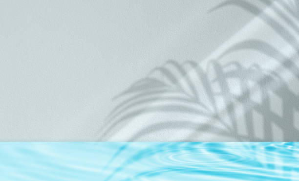istock Water Surface Texture on Concrete Wall Studio with Light, Shadow Palm Leaves for Summer Background,Backdrop Podium Display and lear water floating sun reflection,Concept for cosmetic,Spa Product Present 2158060081